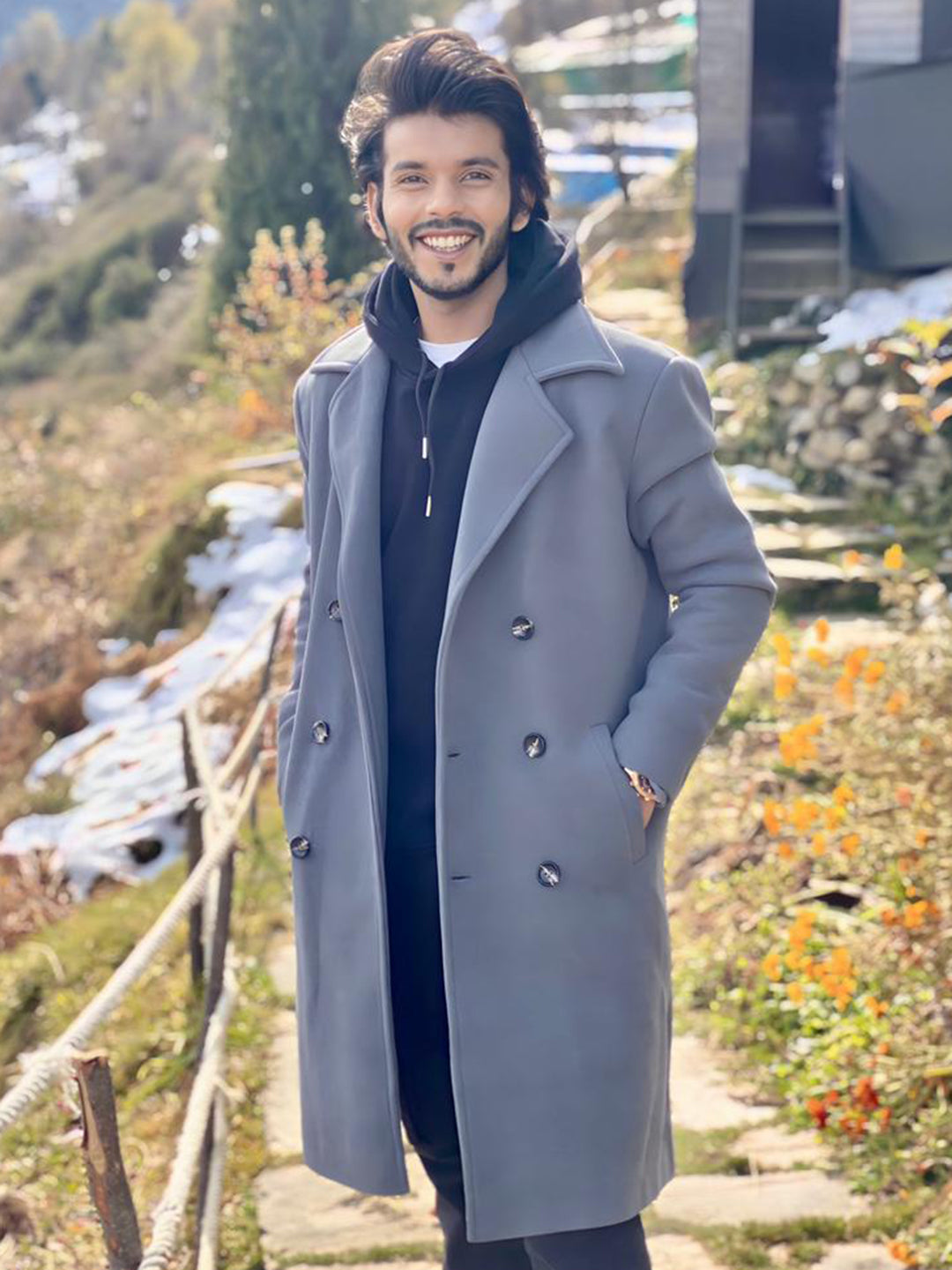 Men Double Breasted Long Coat - Main Image