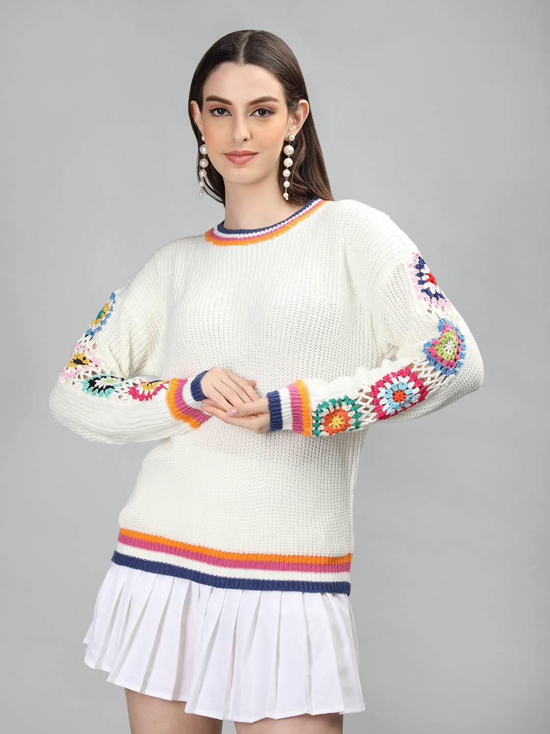 DLANXA Handmade Crochet Round Neck Fullsleeve Top for Women