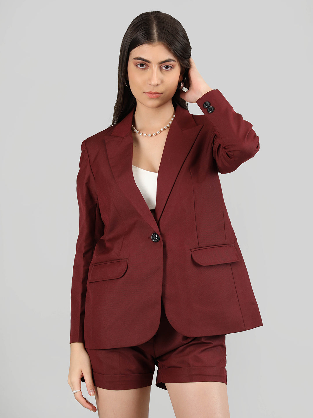 Women Solid Blazer with Skirt Set