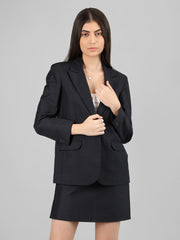 Women Solid Blazer with Skirt Set