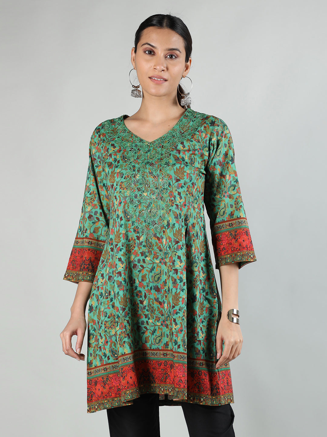 Women Printed V-Neck Embroidered Kurti