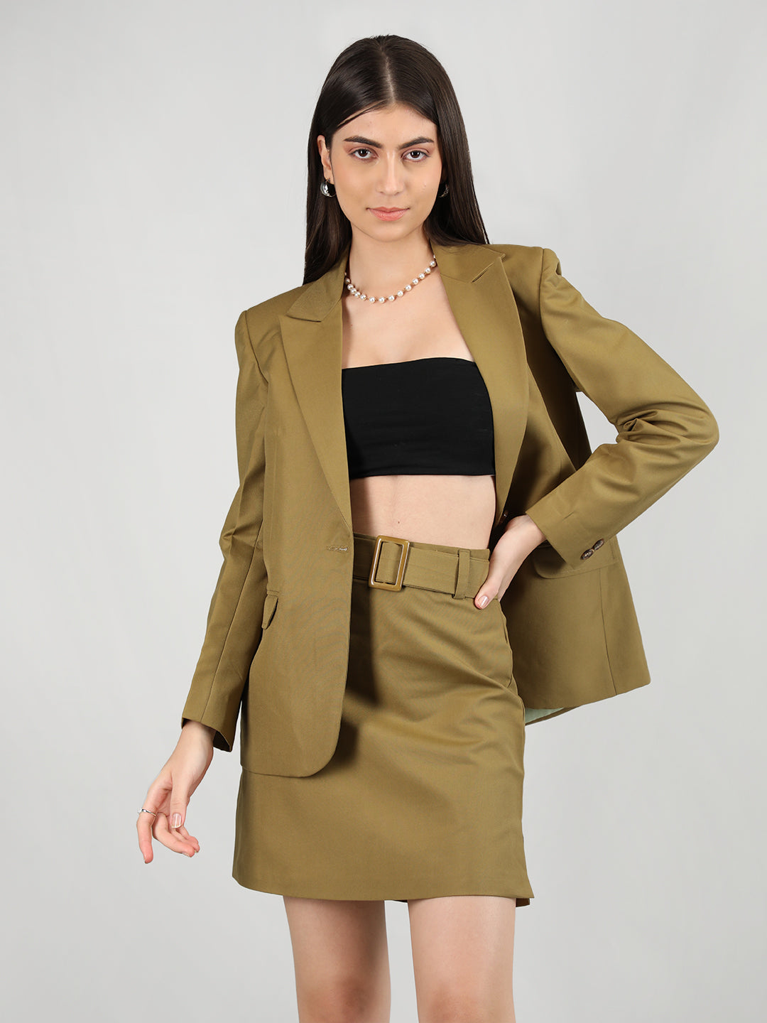 Women Solid Blazer with Skirt Set