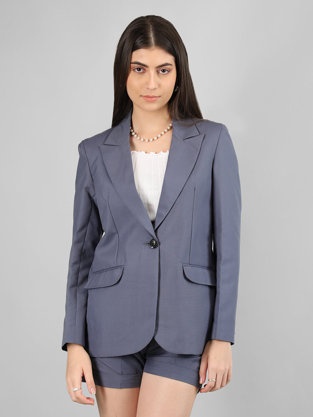 Women Solid Blazer with Skirt Set