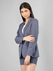 Women Solid Blazer with Skirt Set